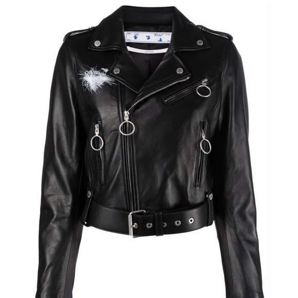 Off White Leather Biker Jacket arrows motif - Picture 1 of 9